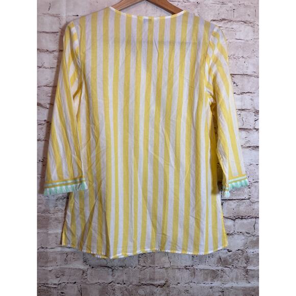 Crown & Ivy Tunic Top Womens Small Yellow Striped Embroidered Fringe Beachy - Picture 11 of 13